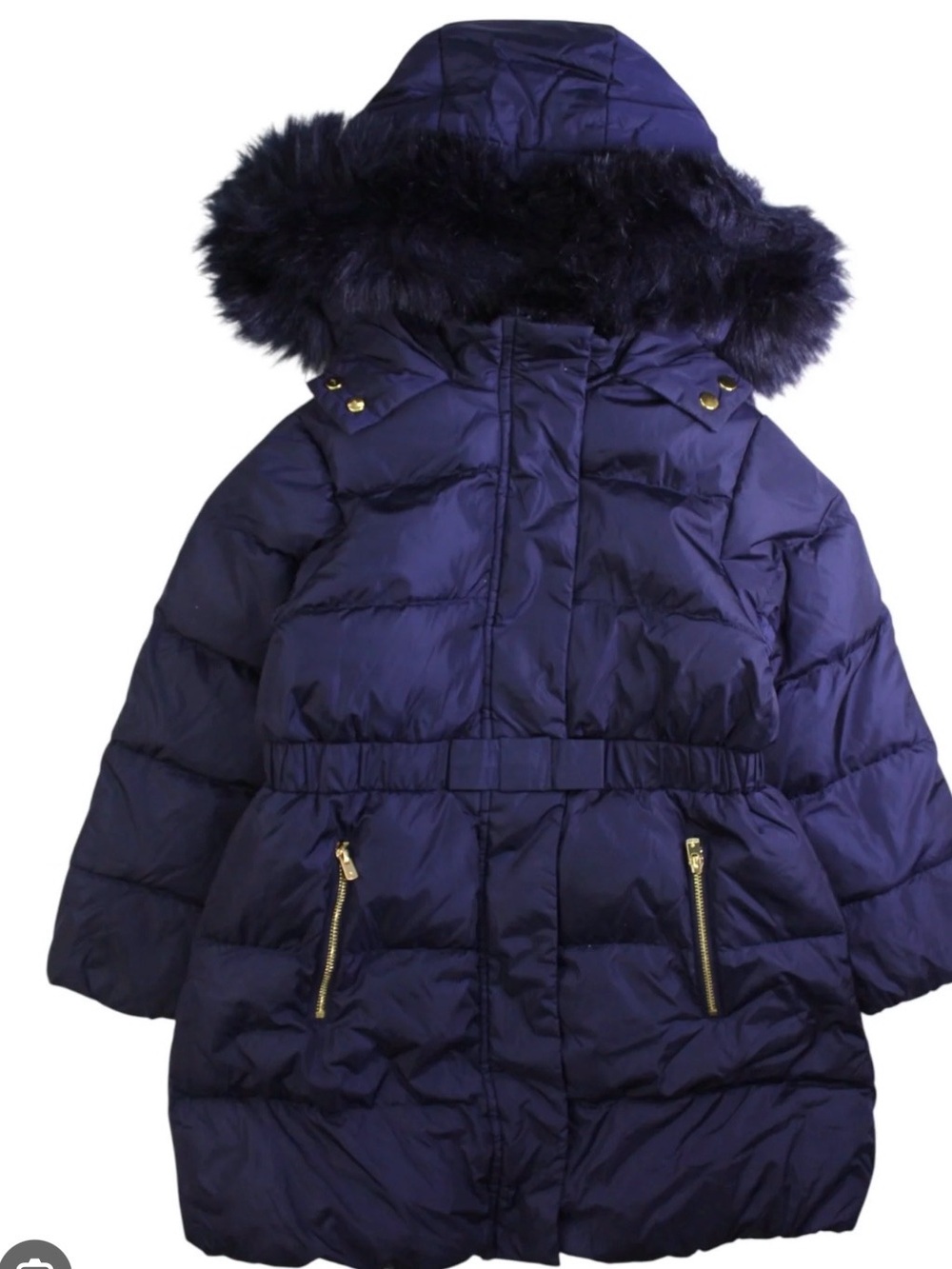 Jacadi Navy Blue Quilted Puffer Coat with Faux Fur Detachable Hood